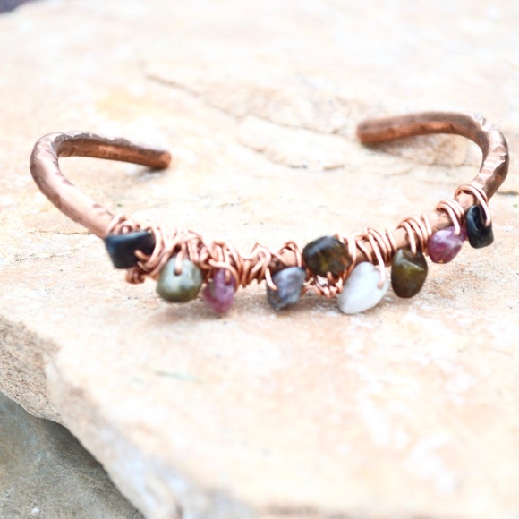 Pink Black Green Tourmaline Copper Cuff Bracelet - Picture 5 of 9